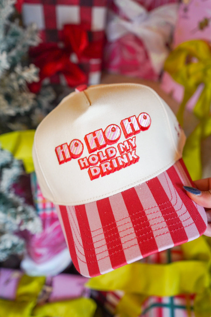 Ho Ho Ho Hold My Drink - Pink &amp; Red Stripe Trucker Hat