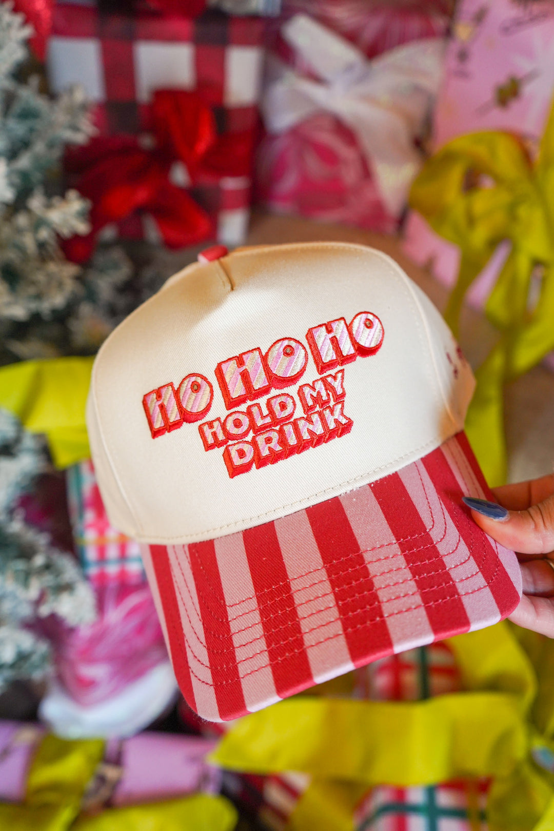 Ho Ho Ho Hold My Drink - Pink &amp; Red Stripe Trucker Hat