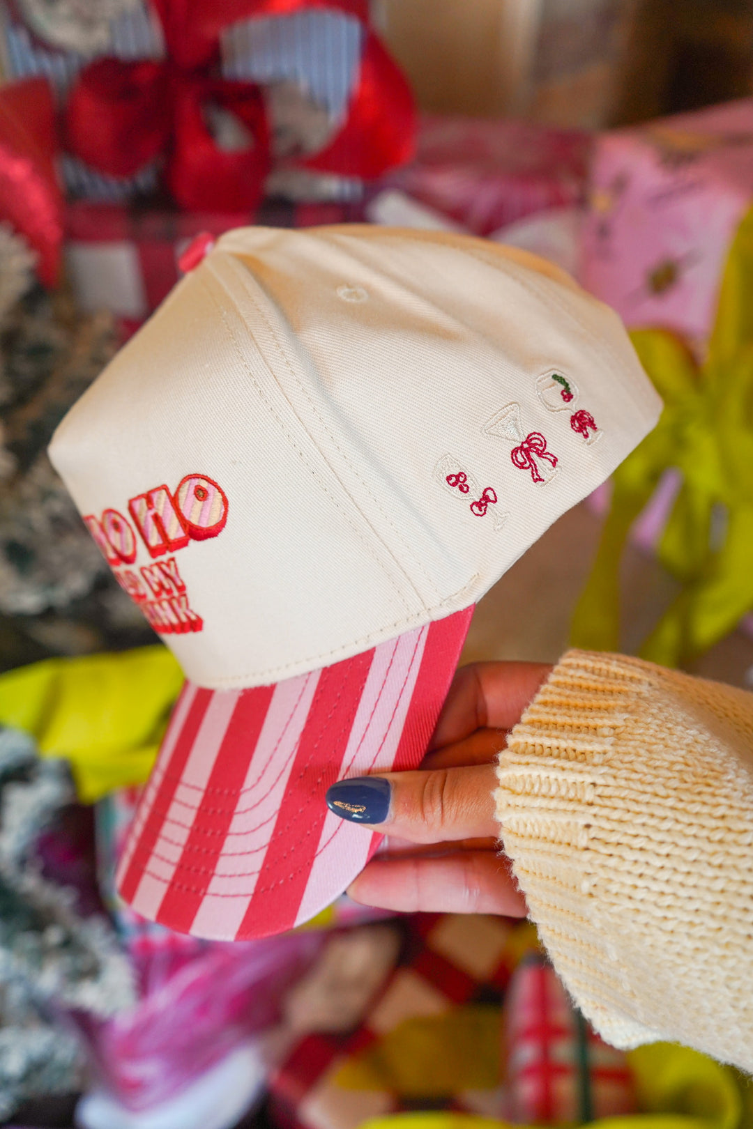 Ho Ho Ho Hold My Drink - Pink &amp; Red Stripe Trucker Hat