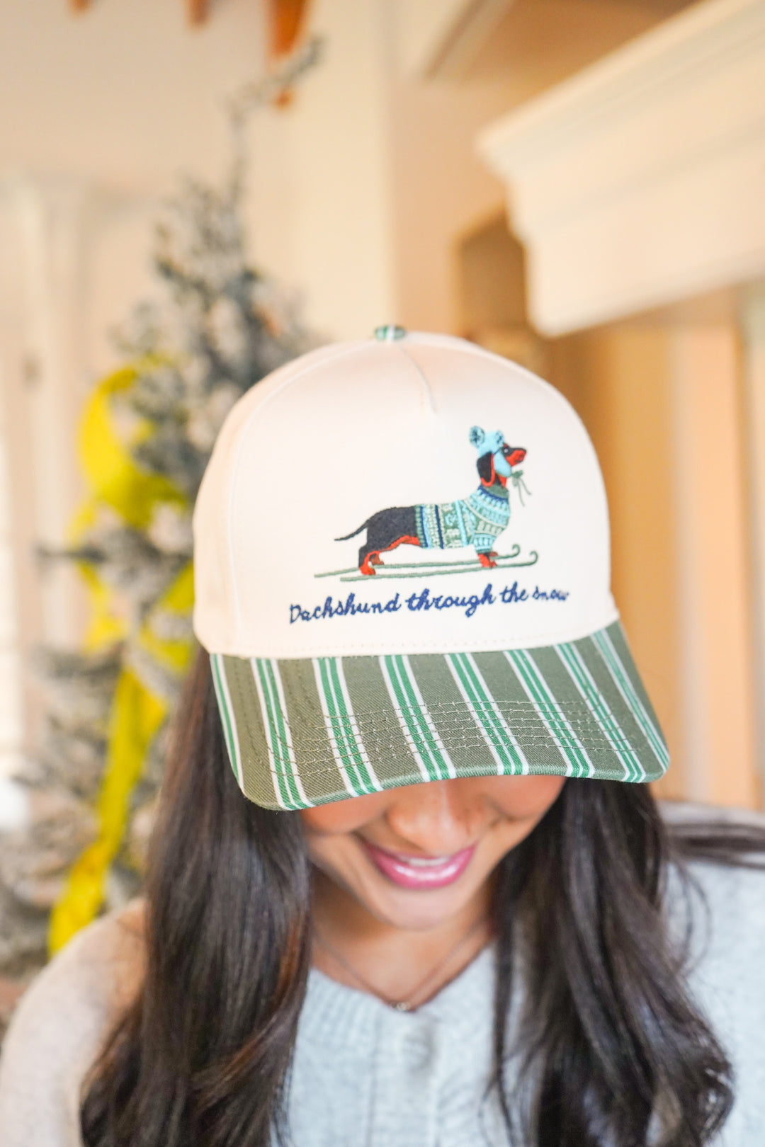 Dachshund Through the Snow - Dark Green Stripe Trucker Hat