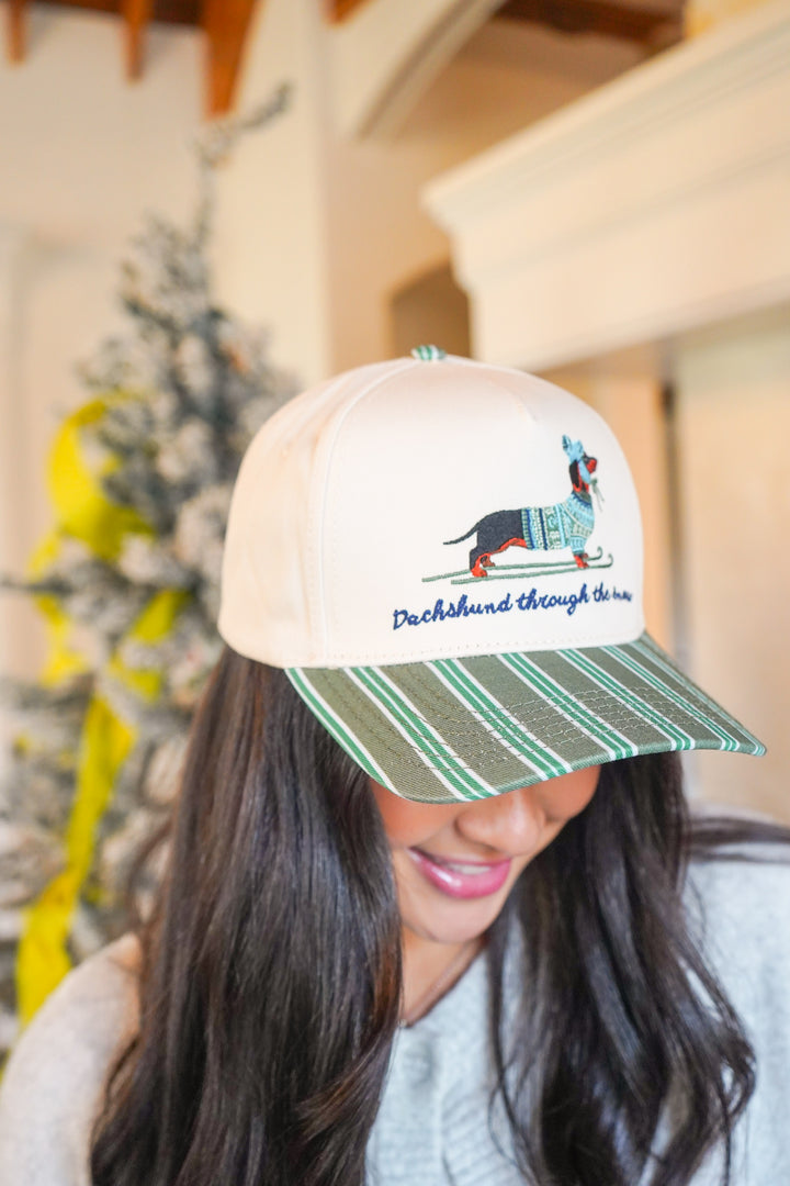 Dachshund Through the Snow - Dark Green Stripe Trucker Hat