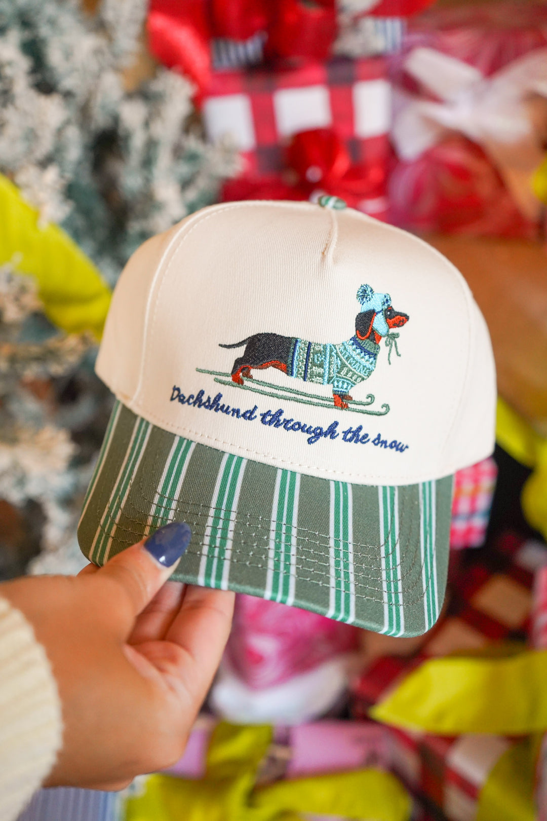 Dachshund Through the Snow - Dark Green Stripe Trucker Hat
