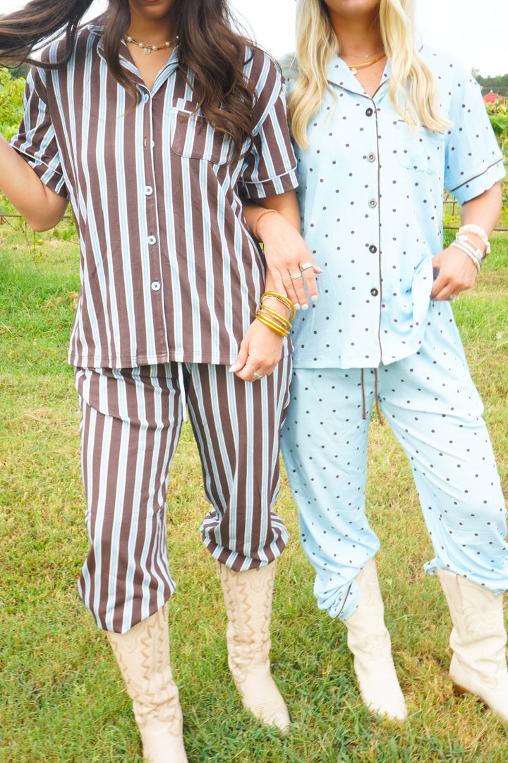 Chocolate &amp; Baby Blue Stripes - Ribbed Bamboo Short Sleeve + Pants Pajama Set