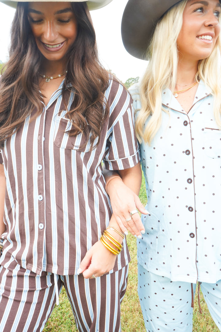 Chocolate &amp; Baby Blue Stripes - Ribbed Bamboo Short Sleeve + Pants Pajama Set