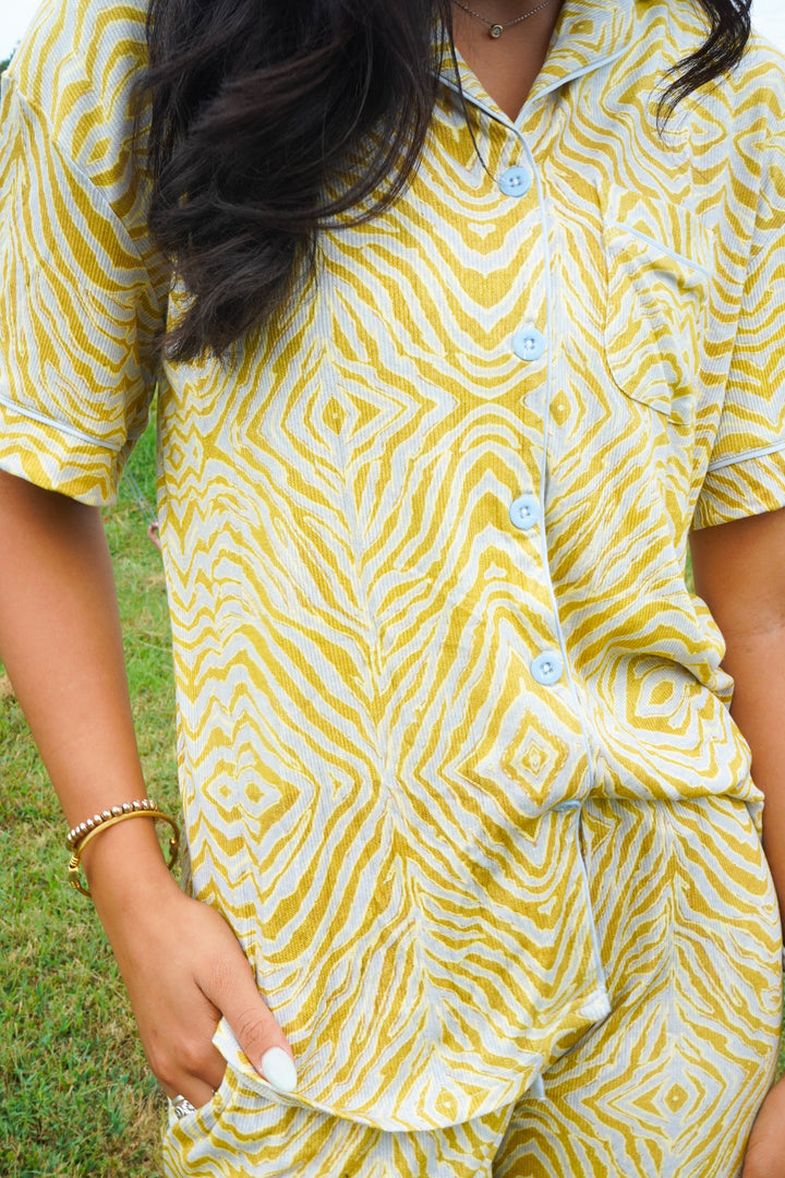 Chartreuse Zebra - Ribbed Bamboo Short Sleeve + Pants Pajama Set