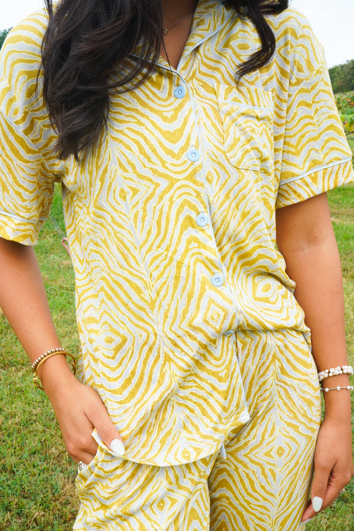 Chartreuse Zebra - Ribbed Bamboo Short Sleeve + Pants Pajama Set