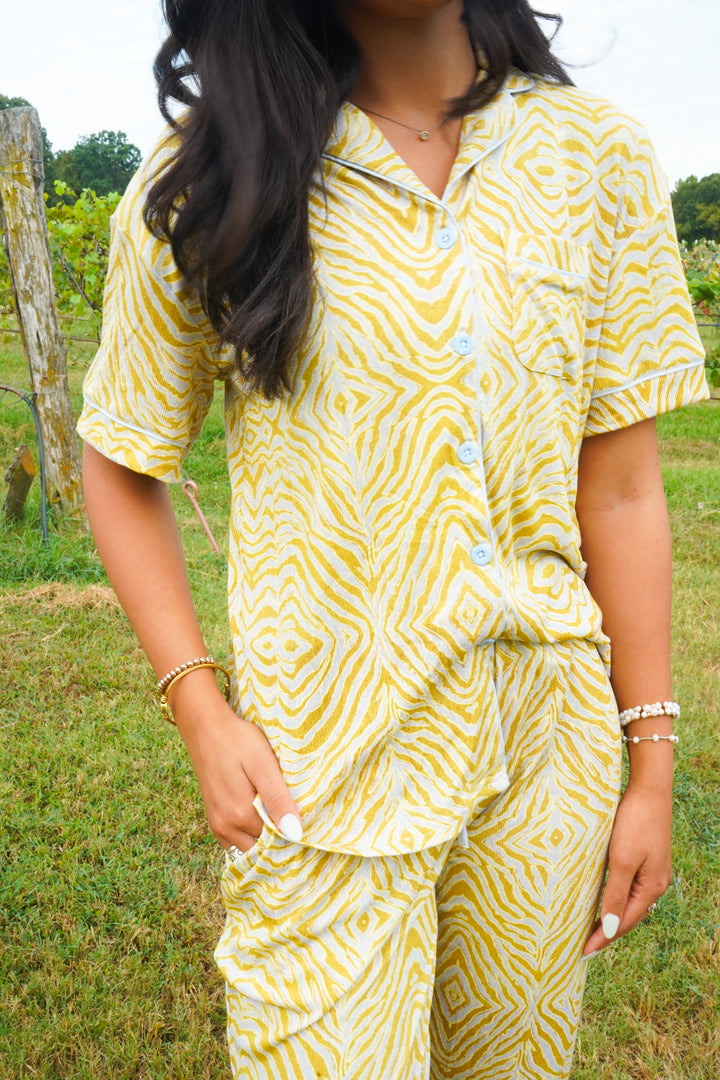Chartreuse Zebra - Ribbed Bamboo Short Sleeve + Pants Pajama Set