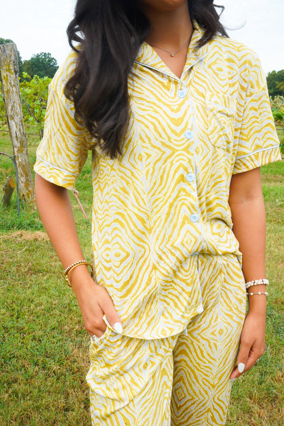 Chartreuse Zebra - Ribbed Bamboo Short Sleeve + Pants Pajama Set