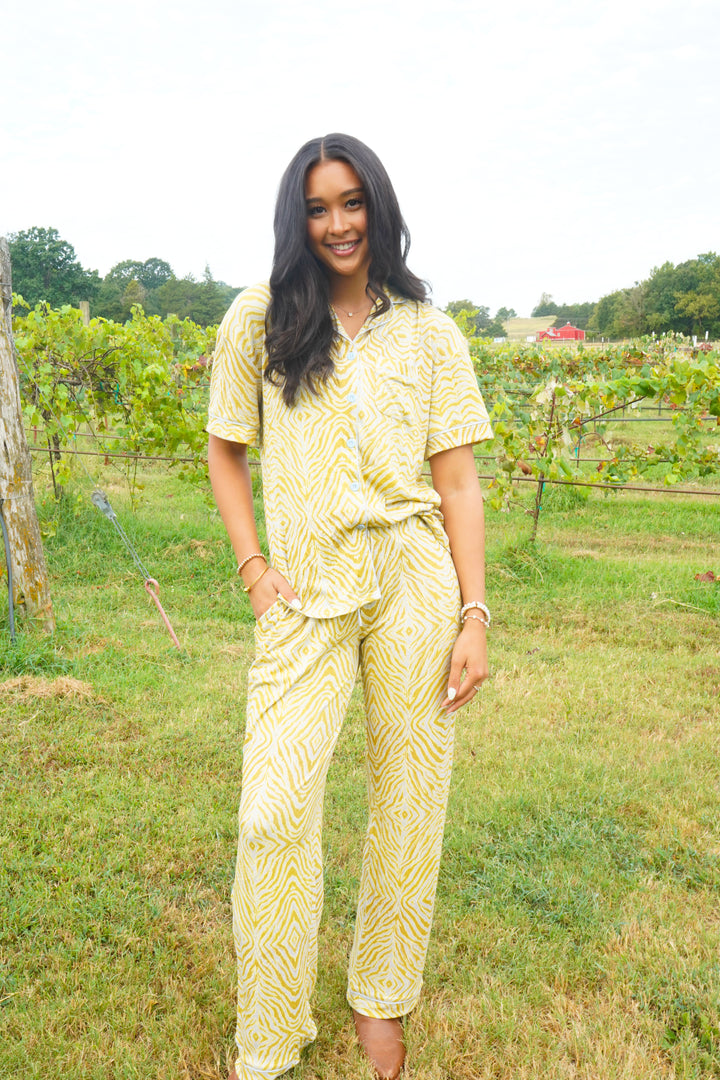 Chartreuse Zebra - Ribbed Bamboo Short Sleeve + Pants Pajama Set