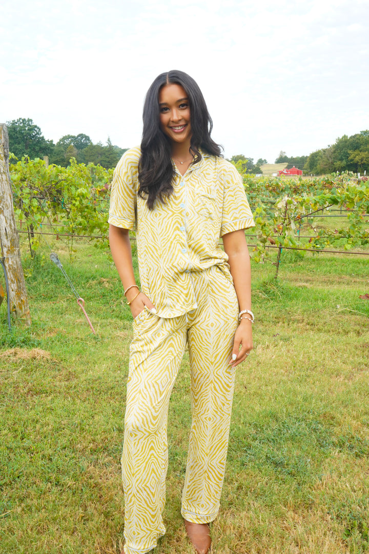 Chartreuse Zebra - Ribbed Bamboo Short Sleeve + Pants Pajama Set