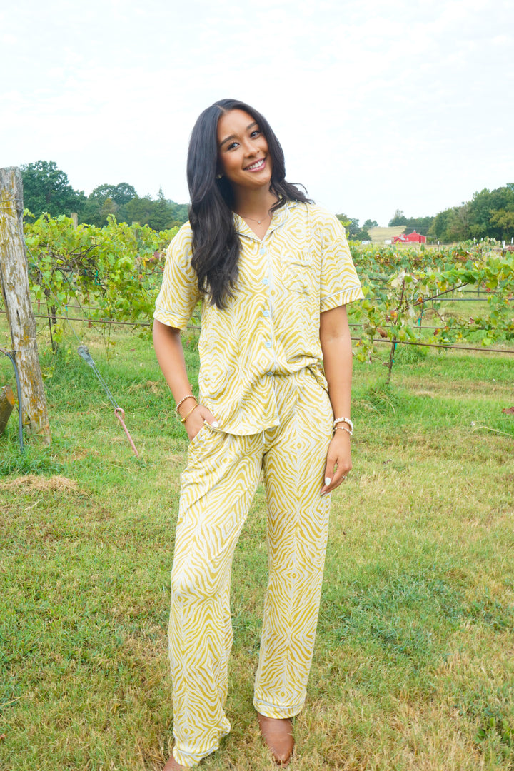 Chartreuse Zebra - Ribbed Bamboo Short Sleeve + Pants Pajama Set