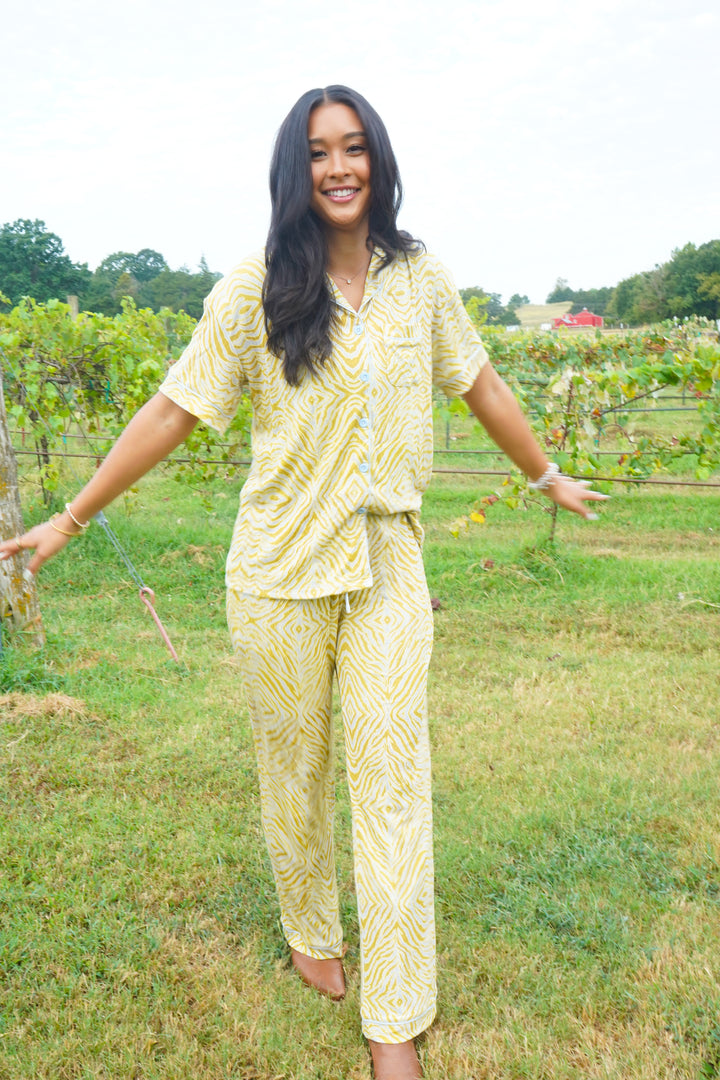 Chartreuse Zebra - Ribbed Bamboo Short Sleeve + Pants Pajama Set