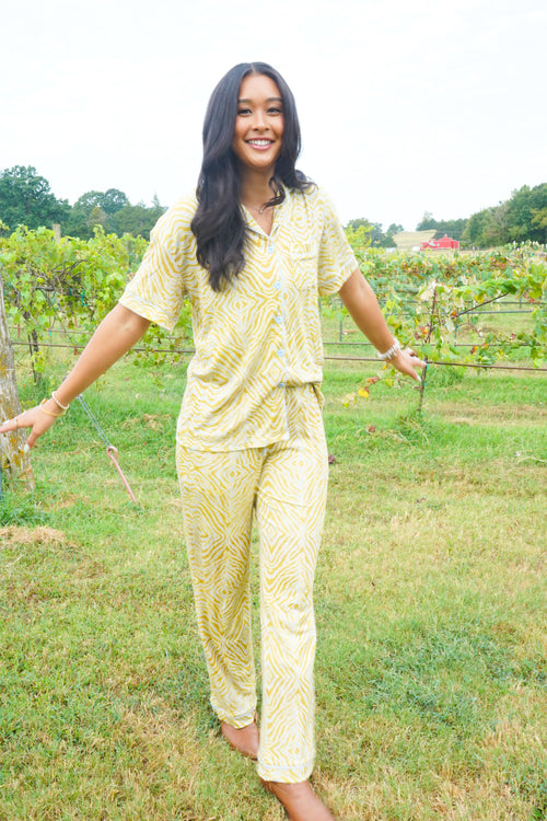 Chartreuse Zebra - Ribbed Bamboo Short Sleeve + Pants Pajama Set