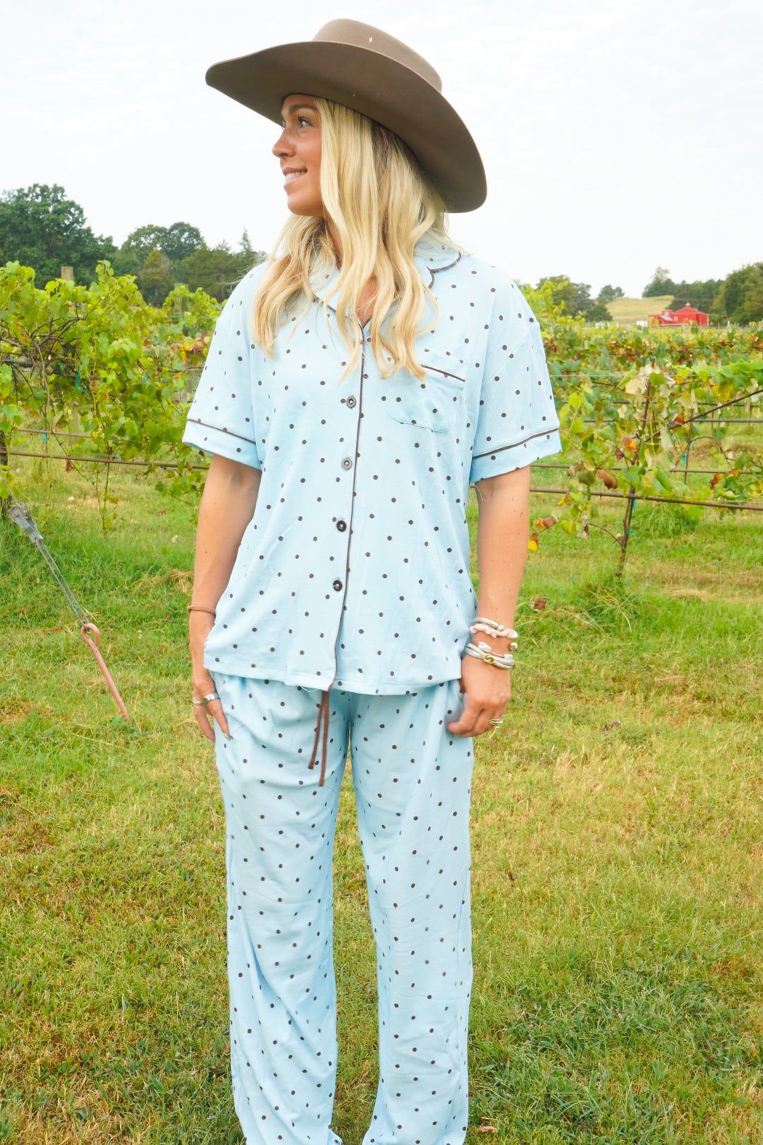 Blue &amp; Brown Polka Dot - Ribbed Bamboo Short Sleeve + Pants Pajama Set