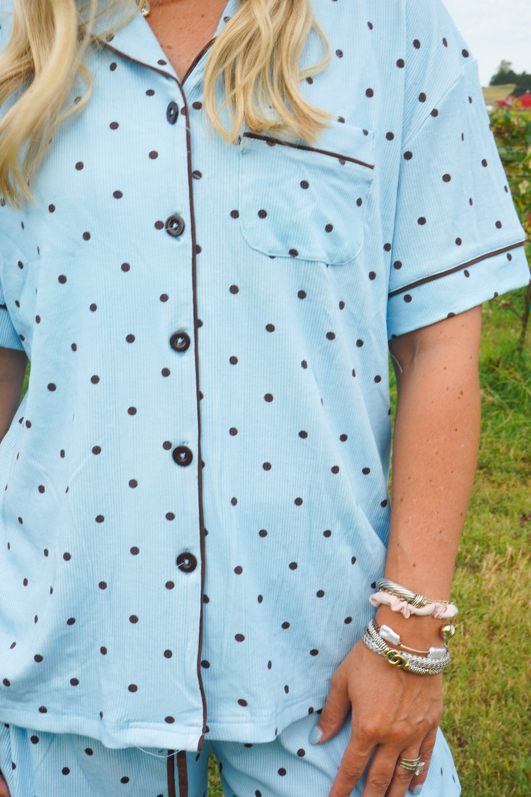 Blue &amp; Brown Polka Dot - Ribbed Bamboo Short Sleeve + Pants Pajama Set