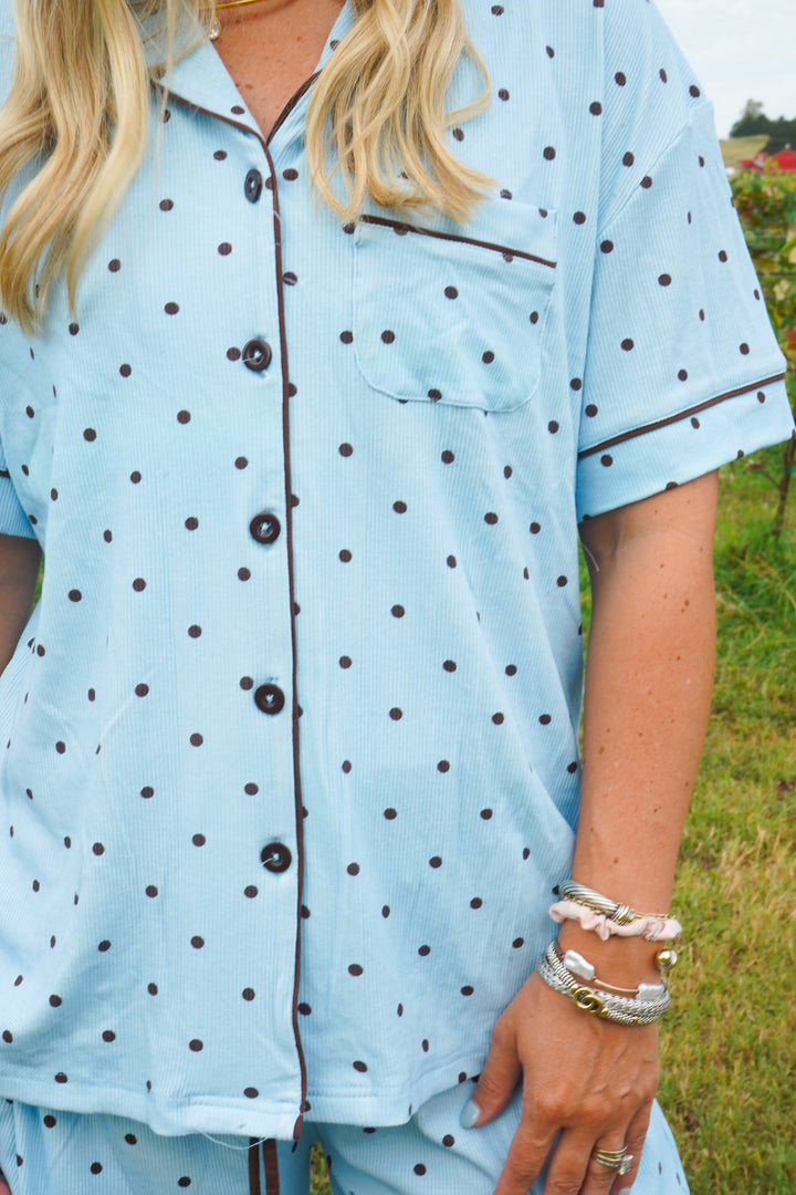 Blue &amp; Brown Polka Dot - Ribbed Bamboo Short Sleeve + Pants Pajama Set
