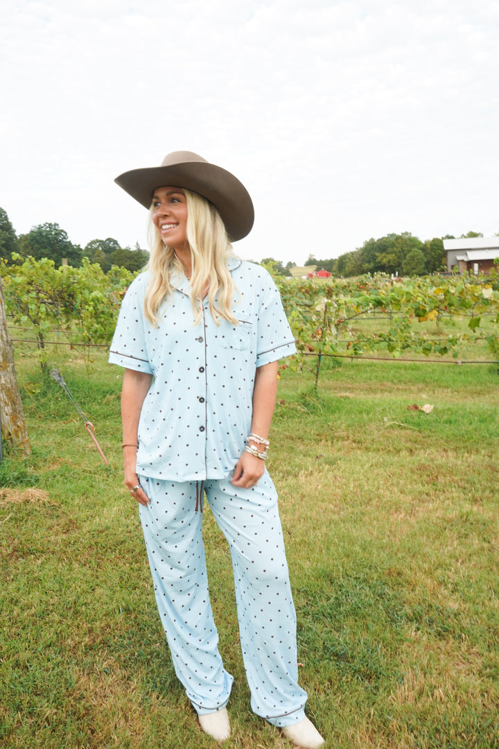 Blue &amp; Brown Polka Dot - Ribbed Bamboo Short Sleeve + Pants Pajama Set