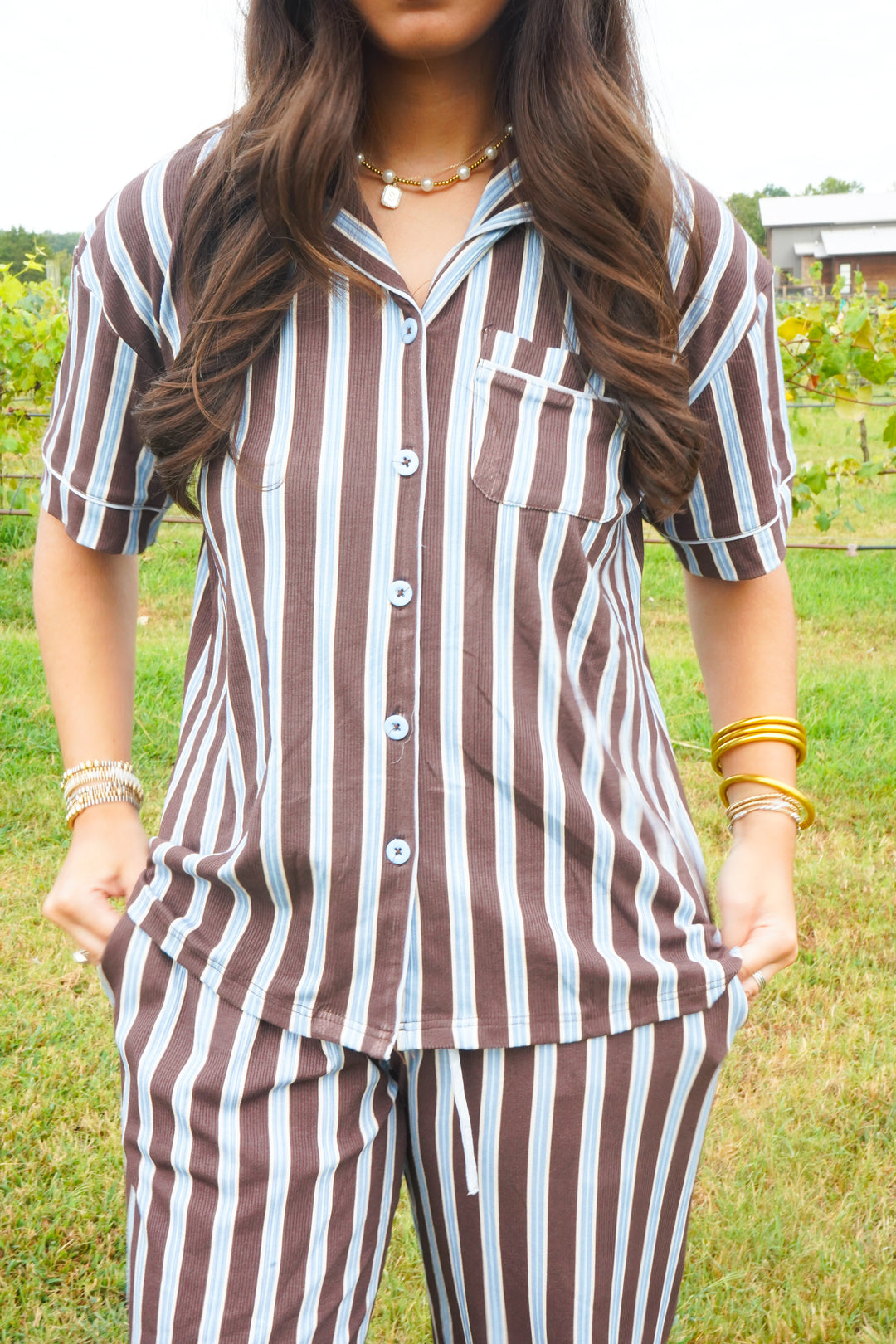 Chocolate &amp; Baby Blue Stripes - Ribbed Bamboo Short Sleeve + Pants Pajama Set