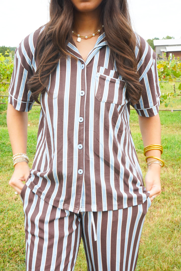 Chocolate &amp; Baby Blue Stripes - Ribbed Bamboo Short Sleeve + Pants Pajama Set
