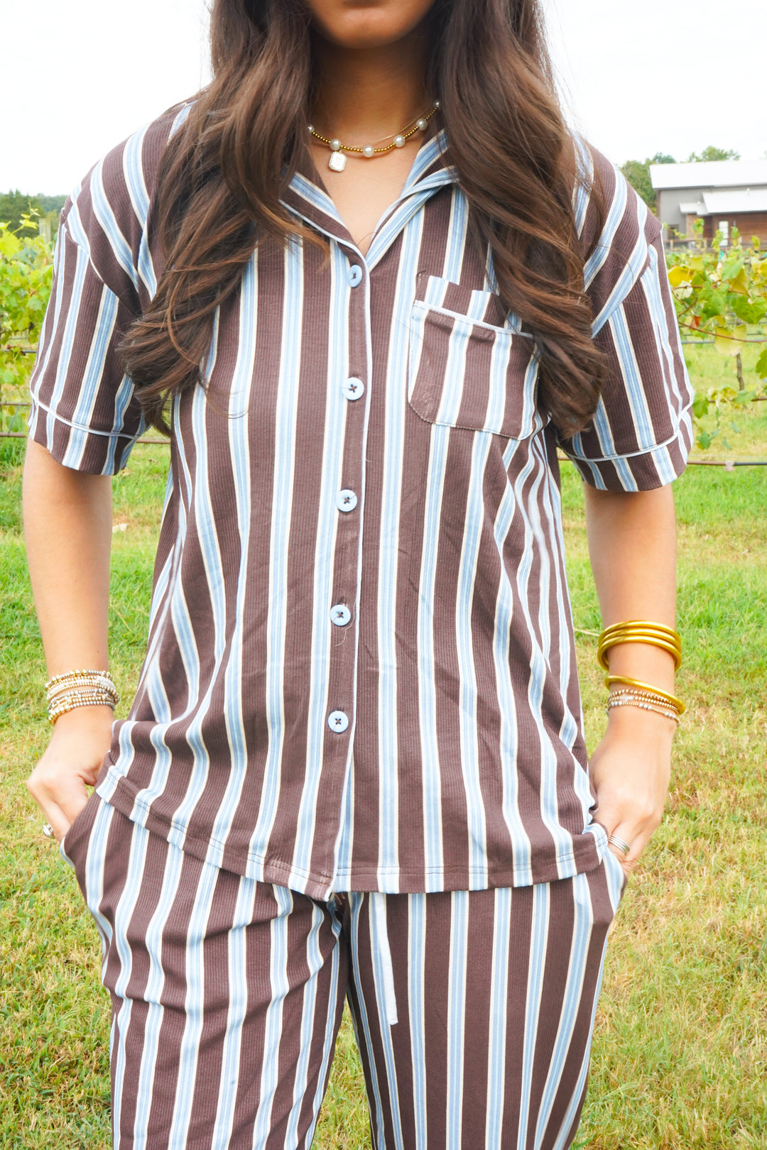Chocolate &amp; Baby Blue Stripes - Ribbed Bamboo Short Sleeve + Pants Pajama Set