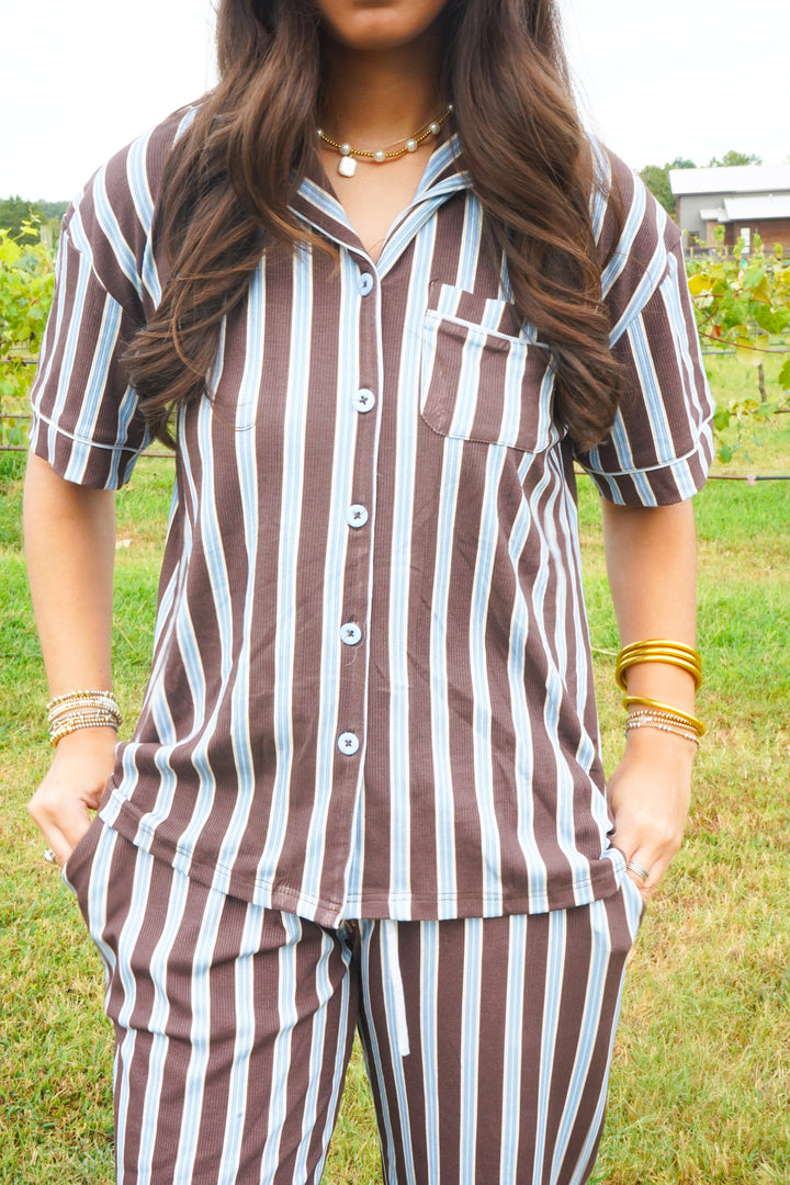 Chocolate &amp; Baby Blue Stripes - Ribbed Bamboo Short Sleeve + Pants Pajama Set
