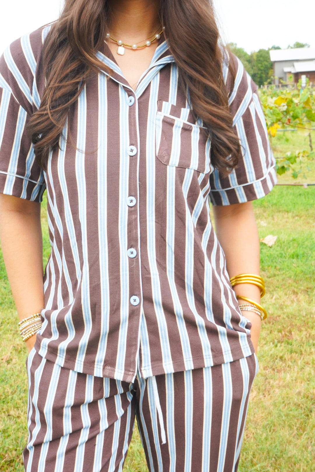 Chocolate &amp; Baby Blue Stripes - Ribbed Bamboo Short Sleeve + Pants Pajama Set