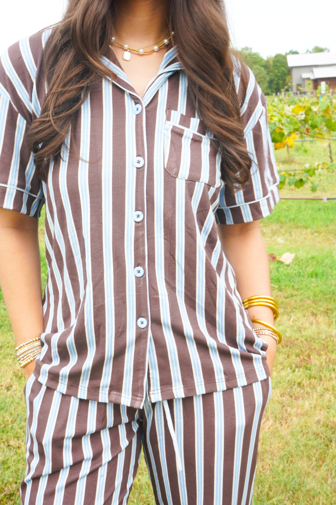 Chocolate &amp; Baby Blue Stripes - Ribbed Bamboo Short Sleeve + Pants Pajama Set