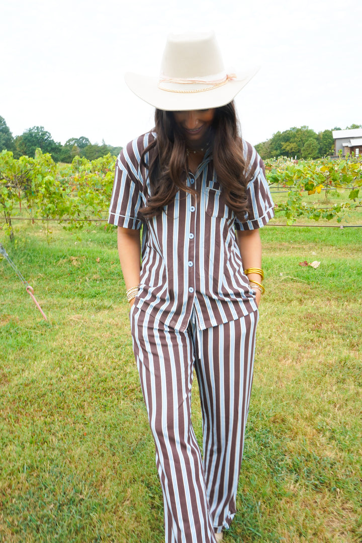 Chocolate &amp; Baby Blue Stripes - Ribbed Bamboo Short Sleeve + Pants Pajama Set