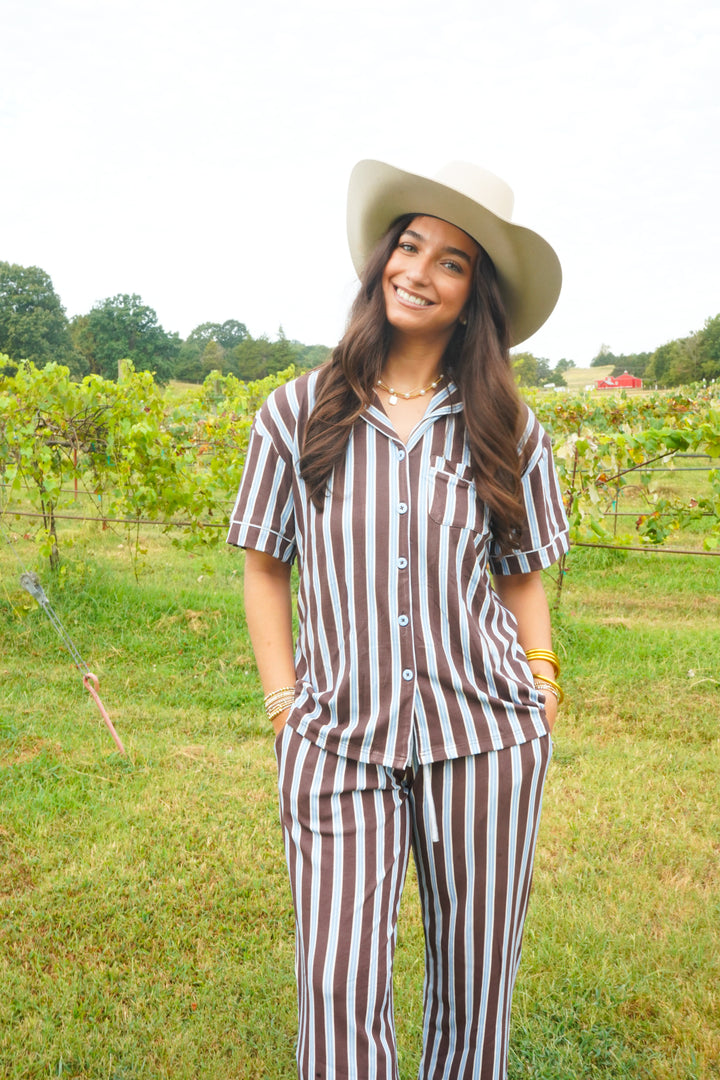 Chocolate &amp; Baby Blue Stripes - Ribbed Bamboo Short Sleeve + Pants Pajama Set