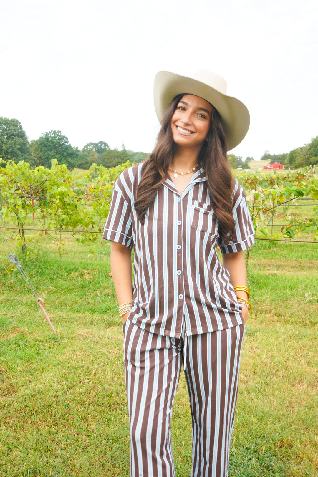 Chocolate &amp; Baby Blue Stripes - Ribbed Bamboo Short Sleeve + Pants Pajama Set