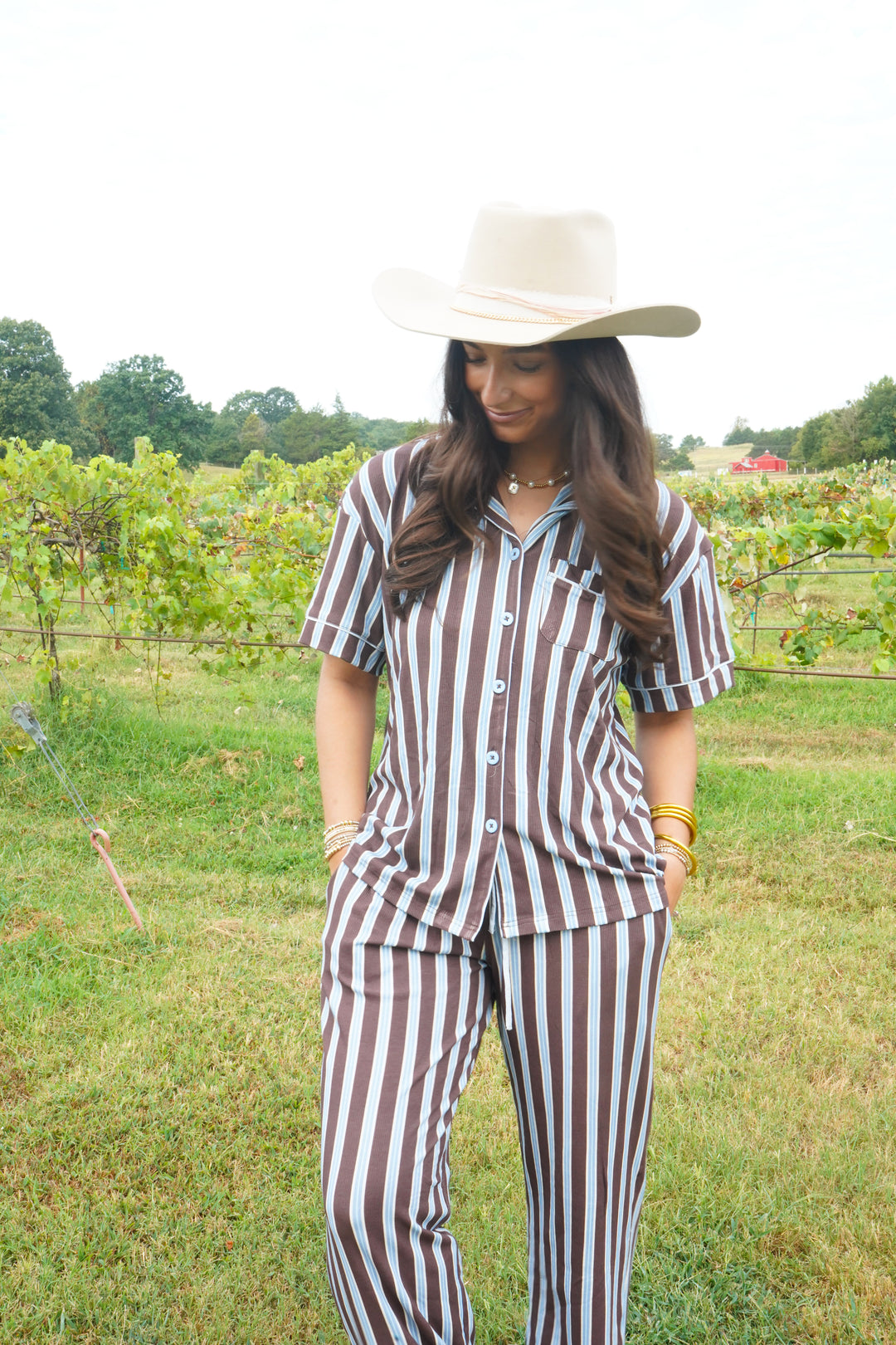 Chocolate &amp; Baby Blue Stripes - Ribbed Bamboo Short Sleeve + Pants Pajama Set