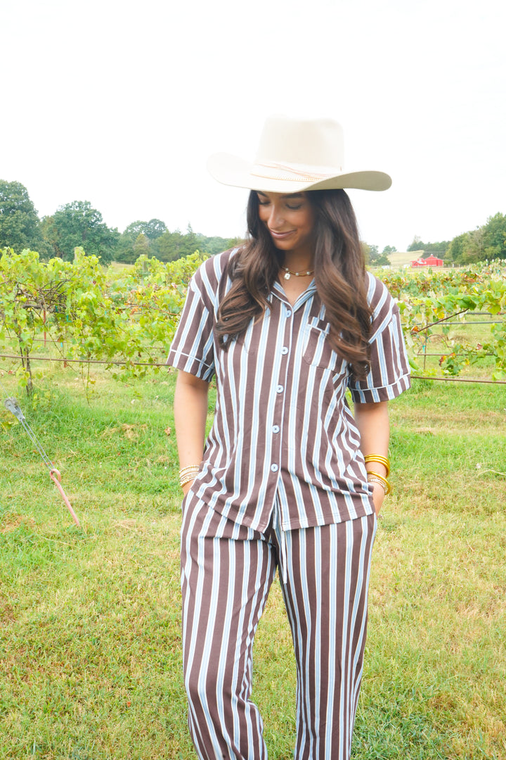 Chocolate &amp; Baby Blue Stripes - Ribbed Bamboo Short Sleeve + Pants Pajama Set