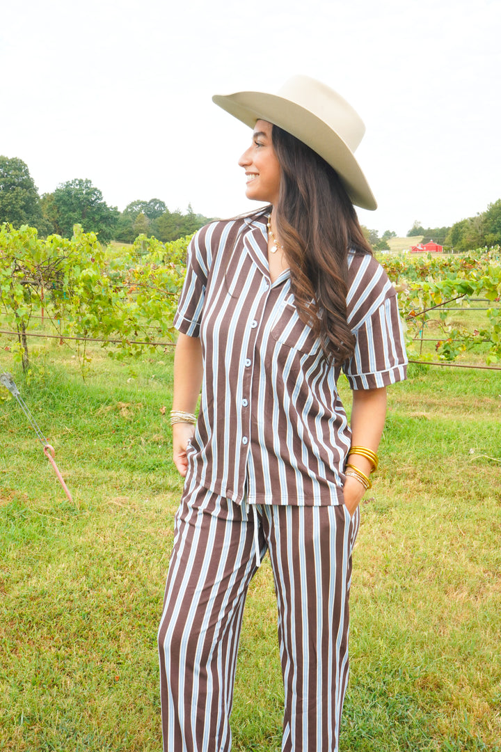 Chocolate &amp; Baby Blue Stripes - Ribbed Bamboo Short Sleeve + Pants Pajama Set