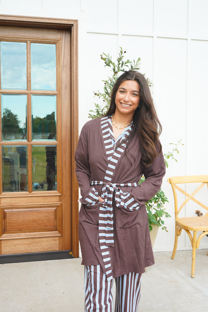 Chocolate Stripes Ribbed Bamboo Lounge Robe