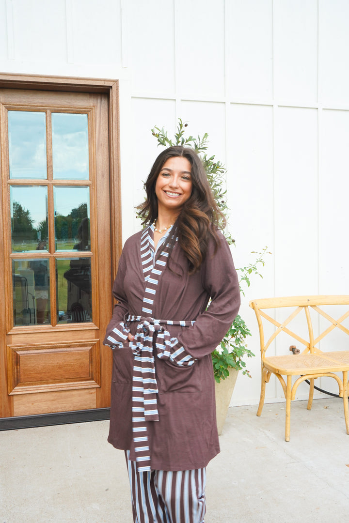 Chocolate Stripes Ribbed Bamboo Lounge Robe