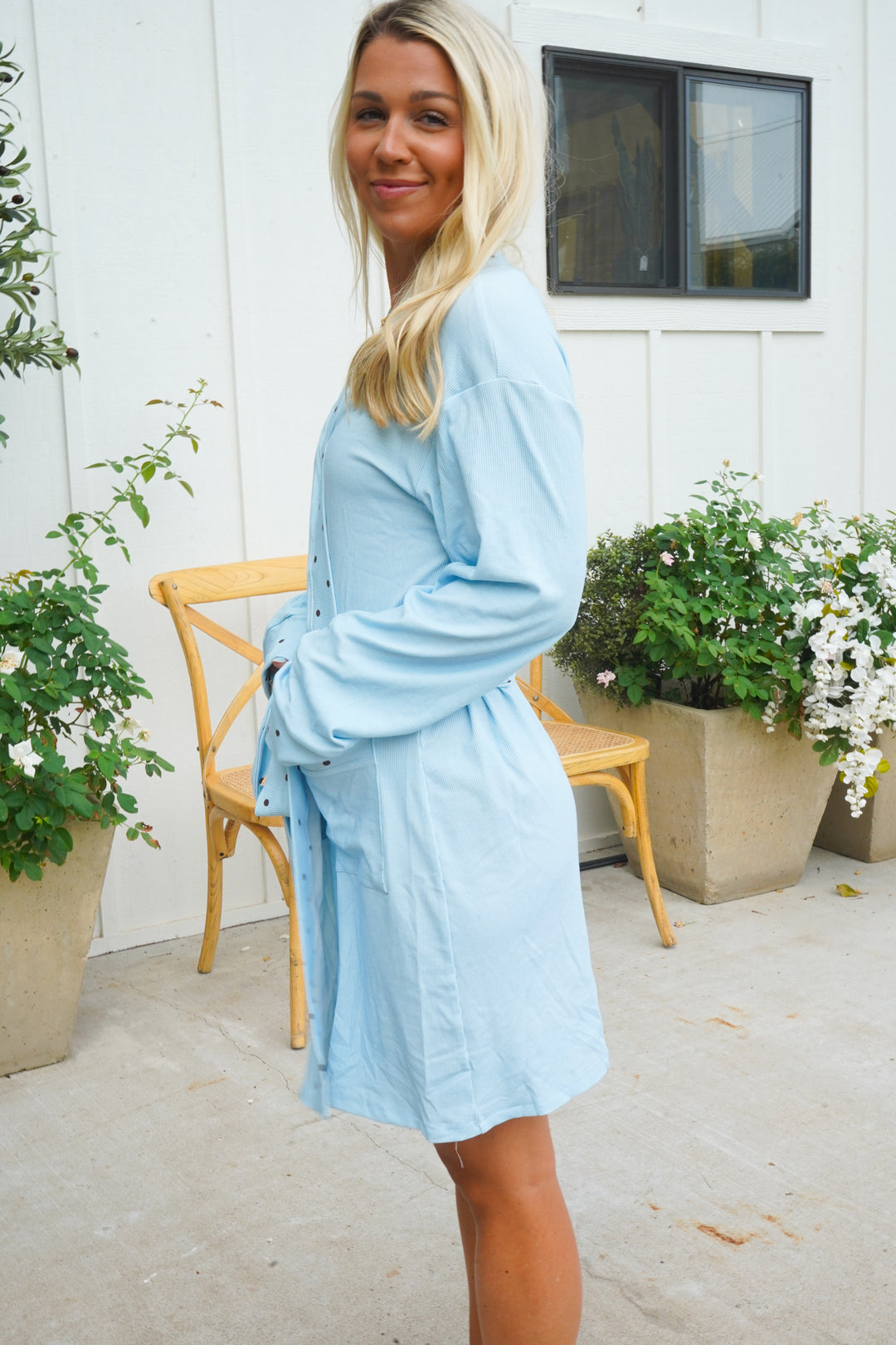 Blue &amp; Brown Polka Dot Ribbed Bamboo Lounge Robe