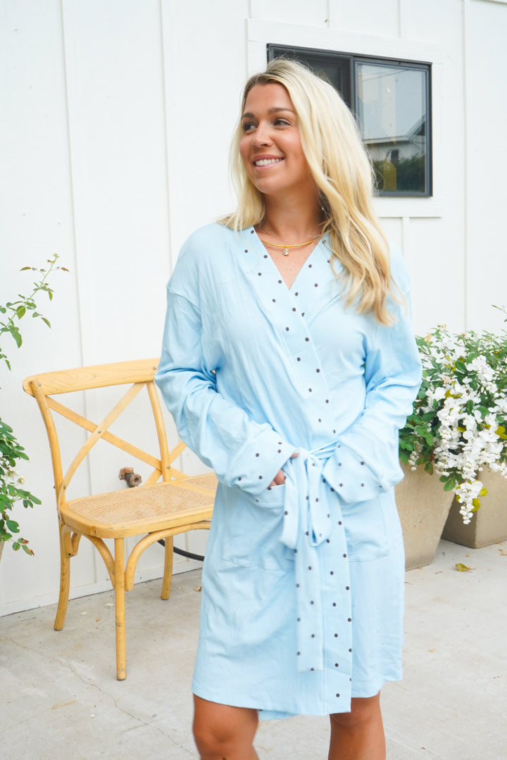 Blue &amp; Brown Polka Dot Ribbed Bamboo Lounge Robe