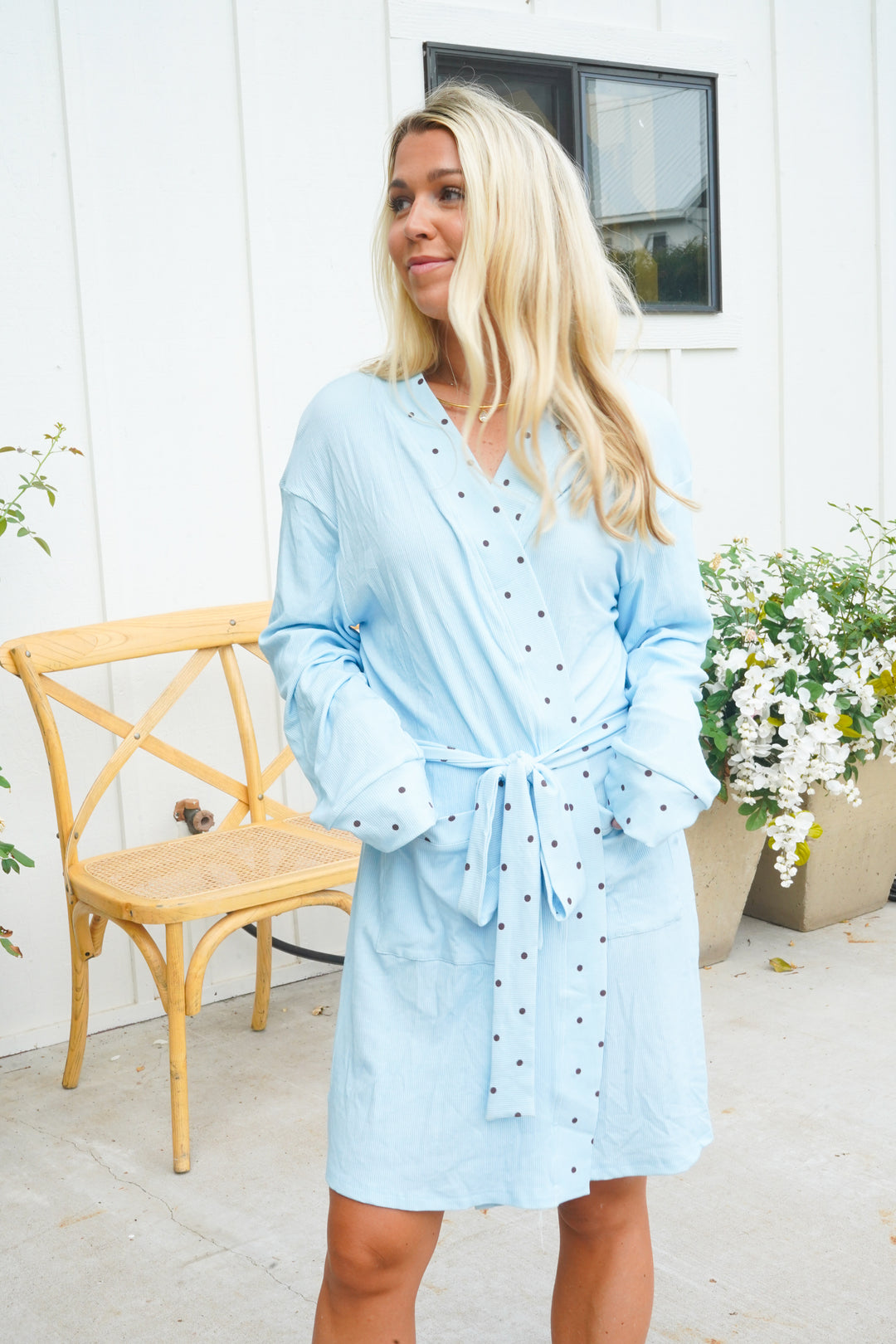 Blue &amp; Brown Polka Dot Ribbed Bamboo Lounge Robe