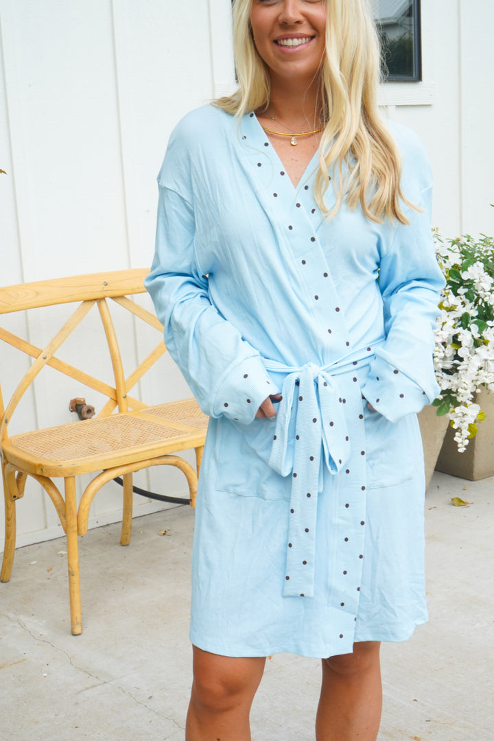 Blue &amp; Brown Polka Dot Ribbed Bamboo Lounge Robe