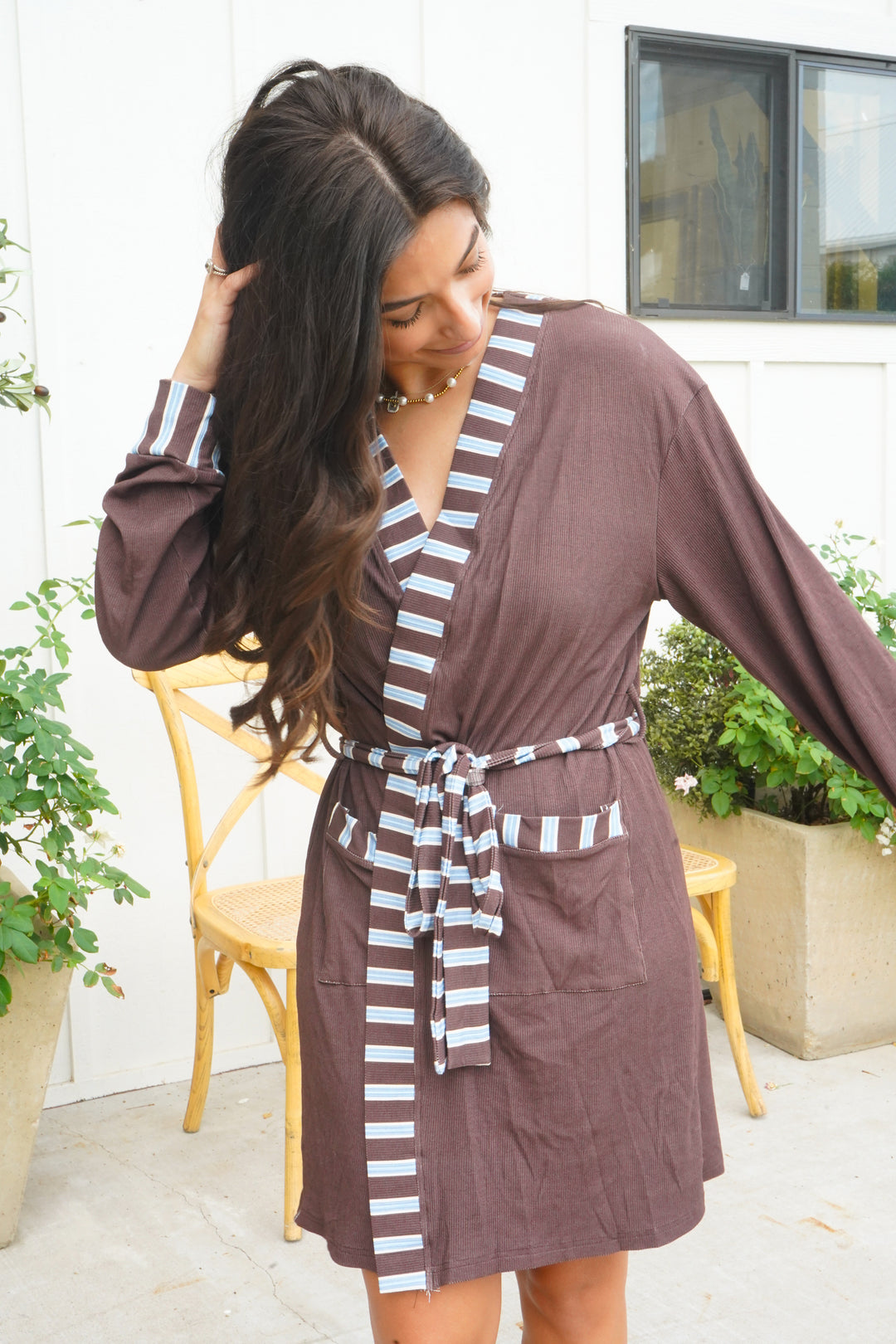 Chocolate Stripes Ribbed Bamboo Lounge Robe