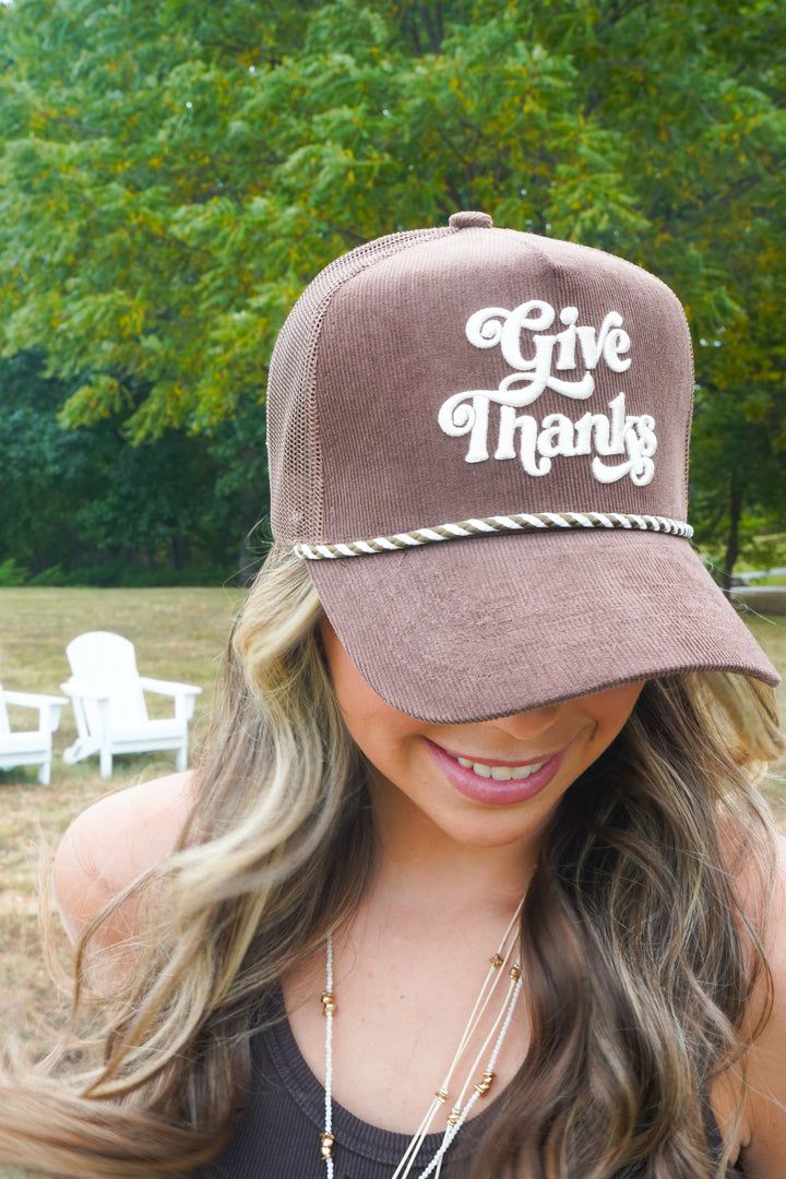 Give Thanks - Brown Corduroy Trucker Hat