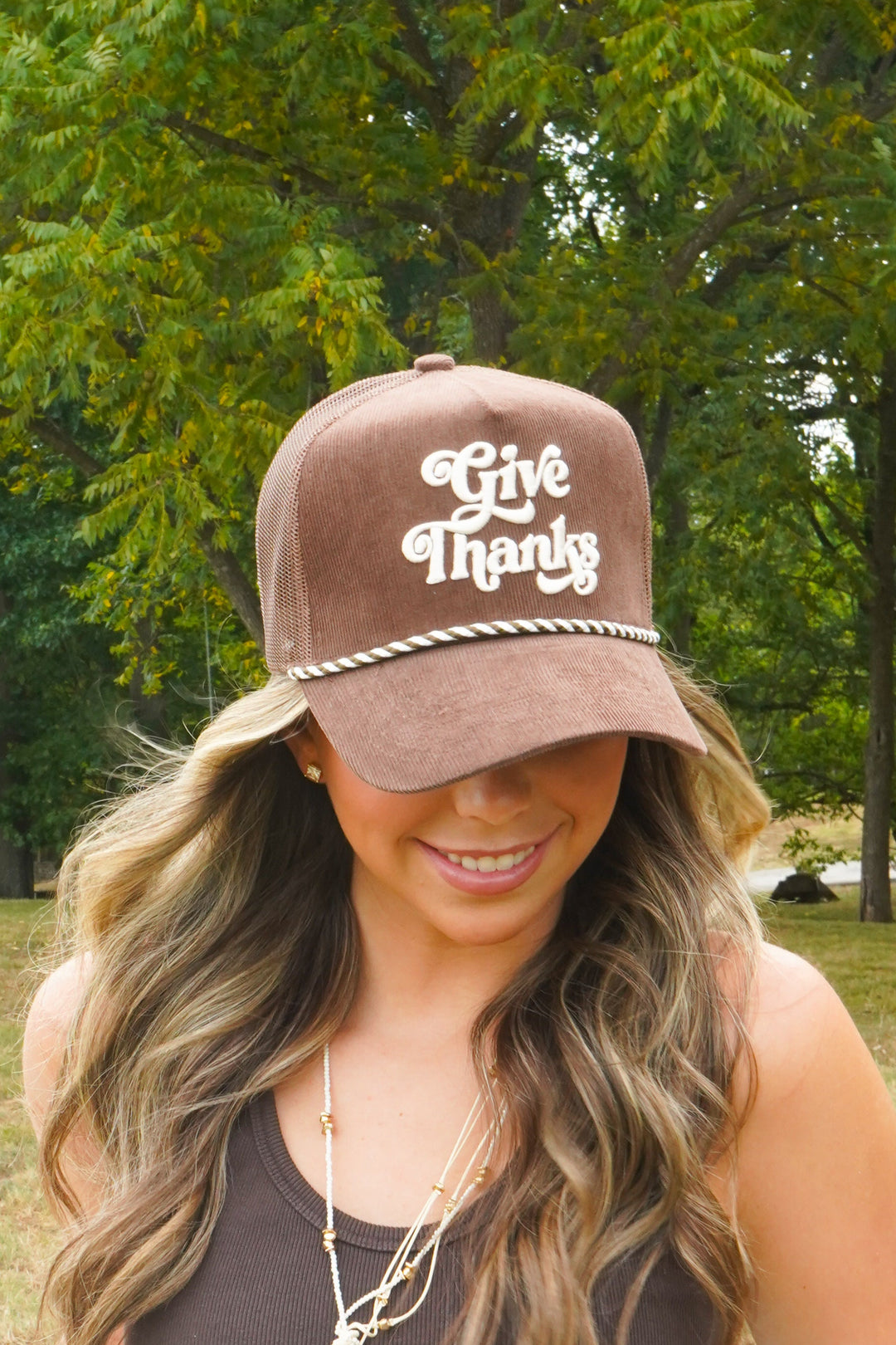 Give Thanks - Brown Corduroy Trucker Hat