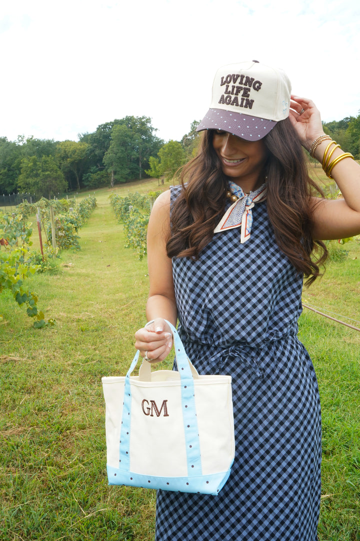 Loving Life Again - Brown &amp; Blue Polka Dot Trucker Hat