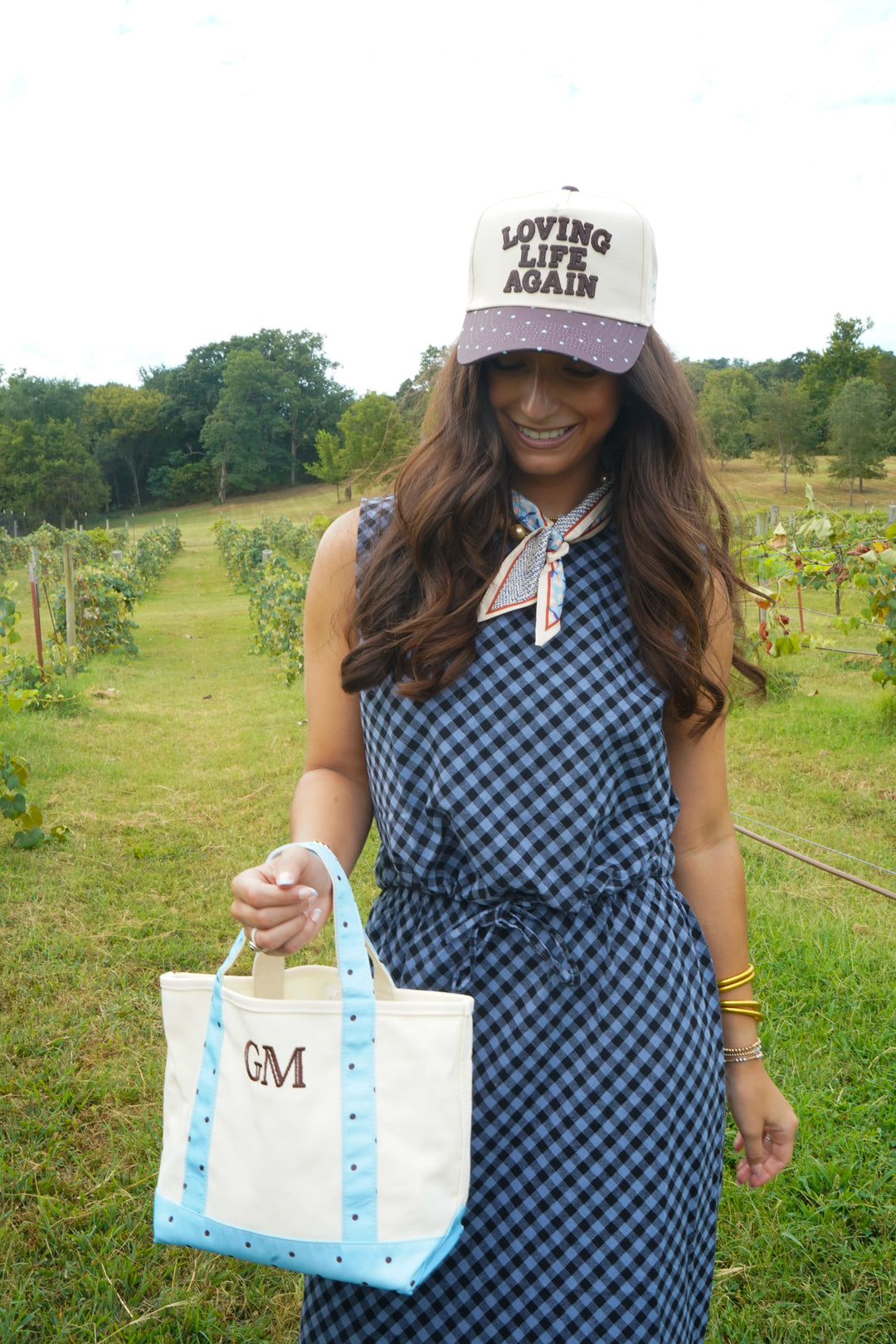 Loving Life Again - Brown &amp; Blue Polka Dot Trucker Hat