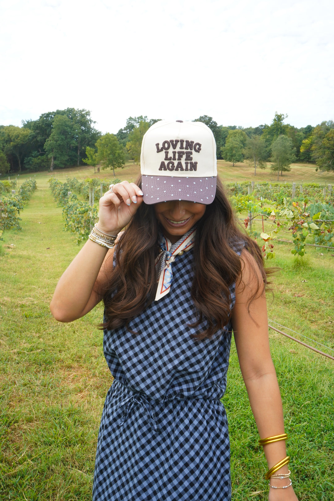 Loving Life Again - Brown &amp; Blue Polka Dot Trucker Hat