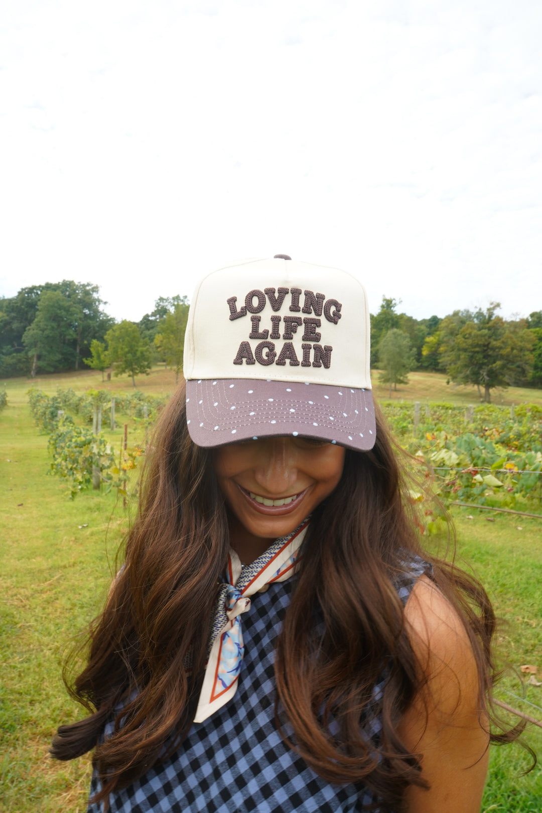 Loving Life Again - Brown &amp; Blue Polka Dot Trucker Hat