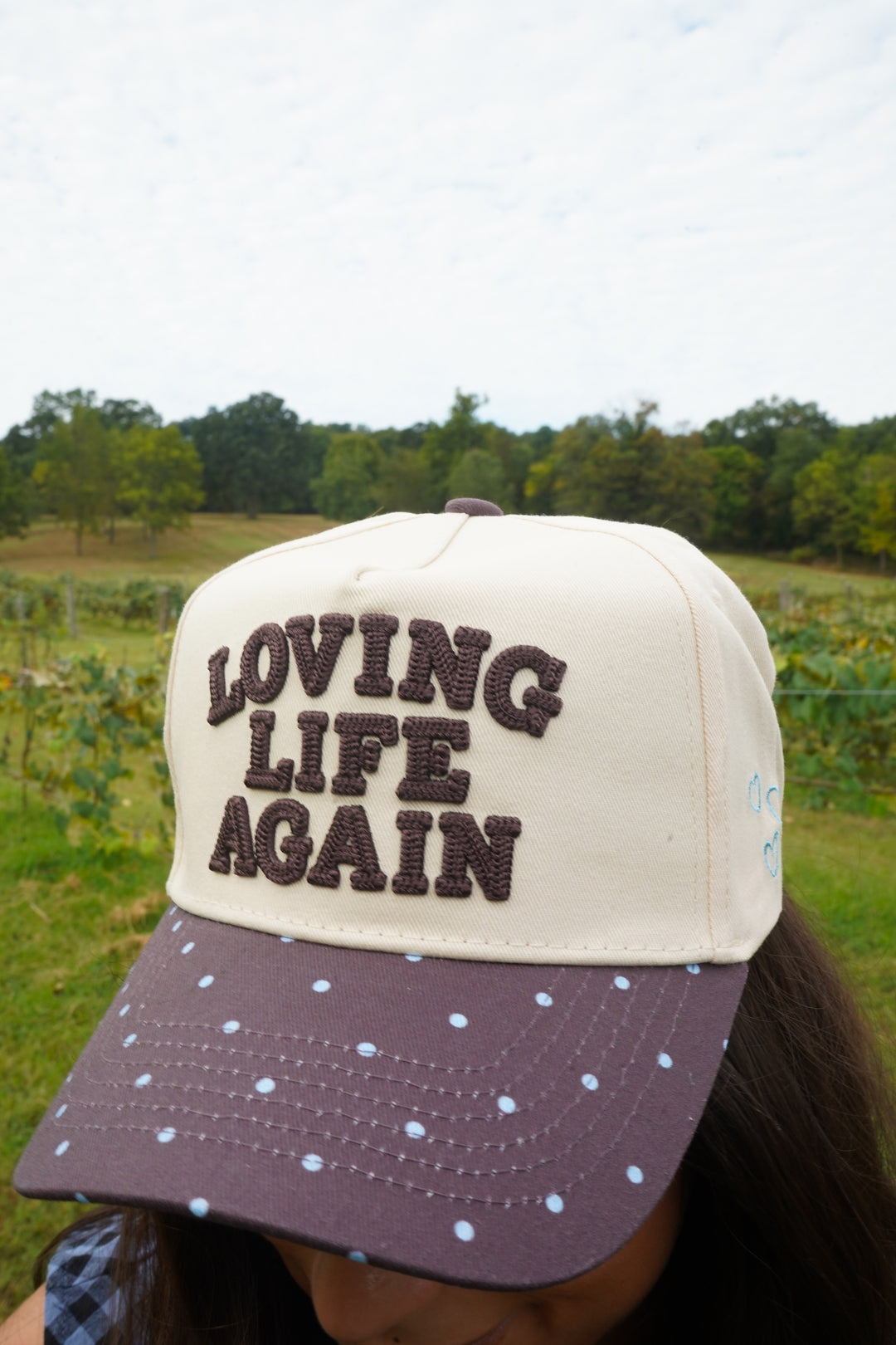 Loving Life Again - Brown &amp; Blue Polka Dot Trucker Hat