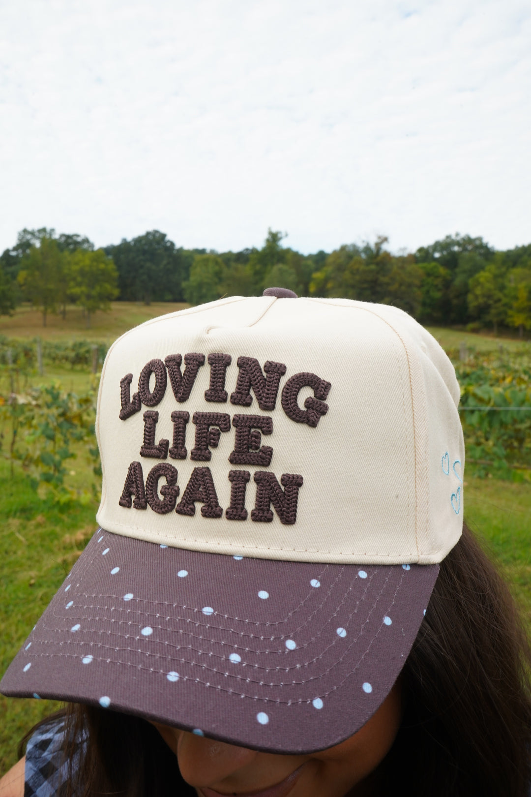 Loving Life Again - Brown &amp; Blue Polka Dot Trucker Hat