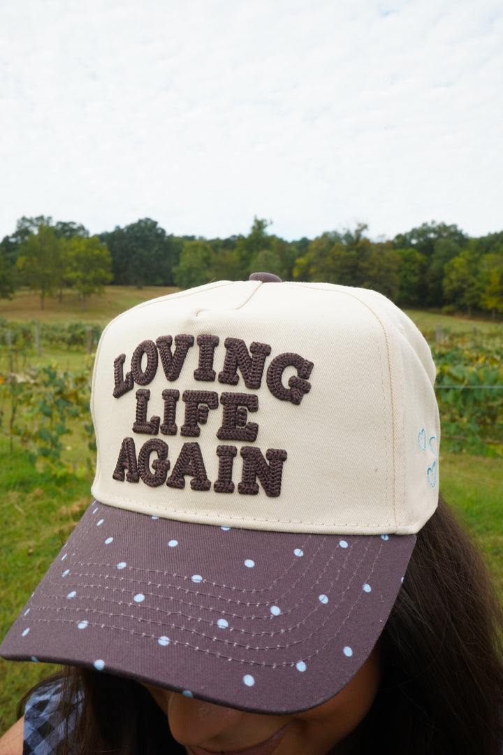 Loving Life Again - Brown &amp; Blue Polka Dot Trucker Hat