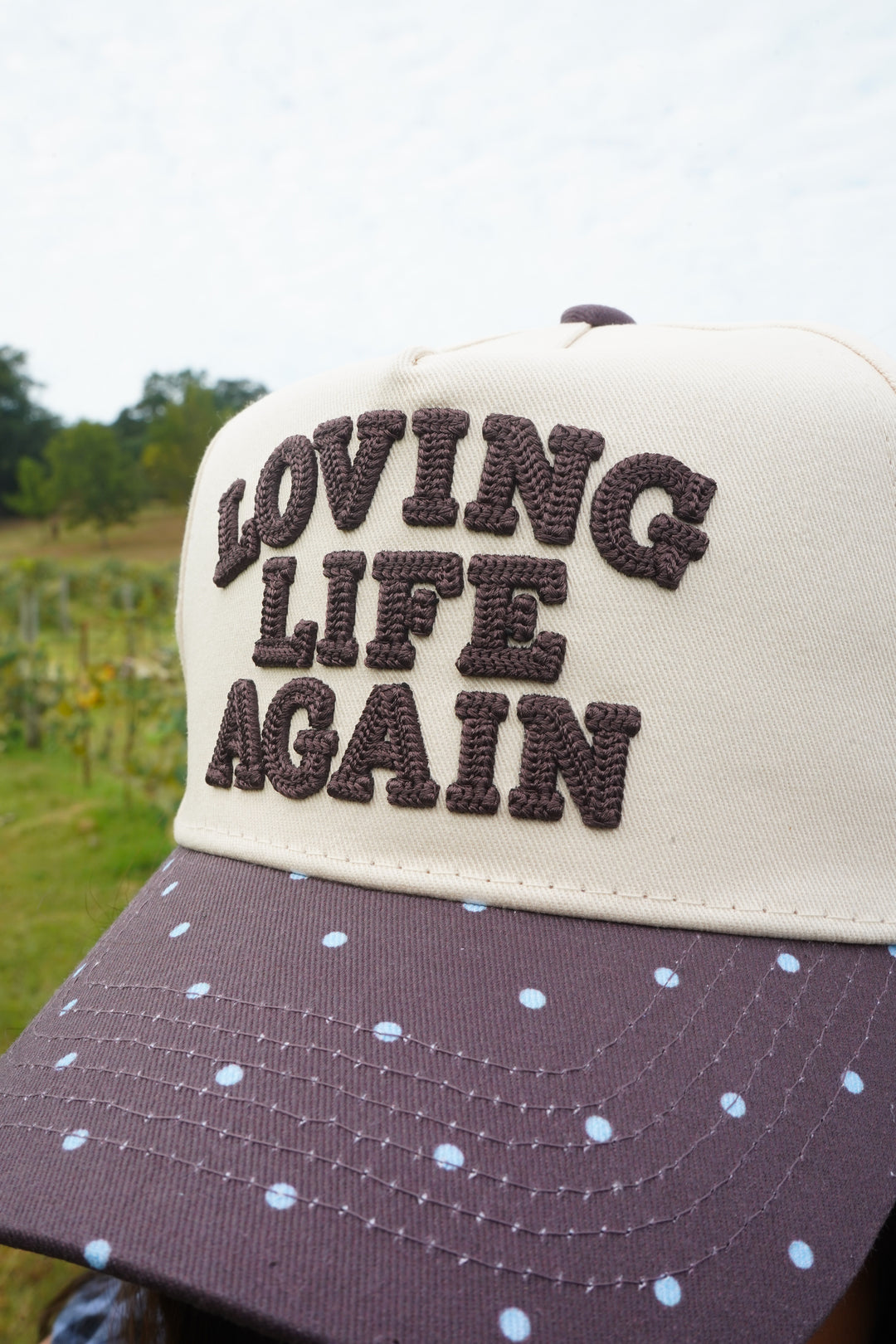 Loving Life Again - Brown &amp; Blue Polka Dot Trucker Hat
